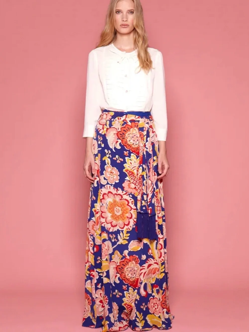 Tory Burch Marcella Silk Floral Maxi Skirt Blue Pink with Fringe Sash - Vibrant